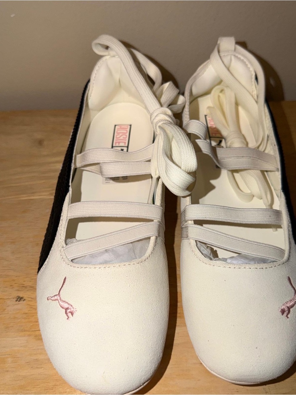 Puma Cream Ballet Flats with Pink Logo and Lace Straps